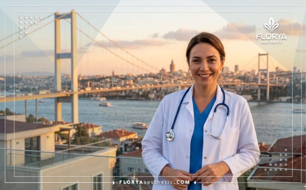Oftalmólogo amigable sonriendo con un monumento icónico de Estambul de fondo.