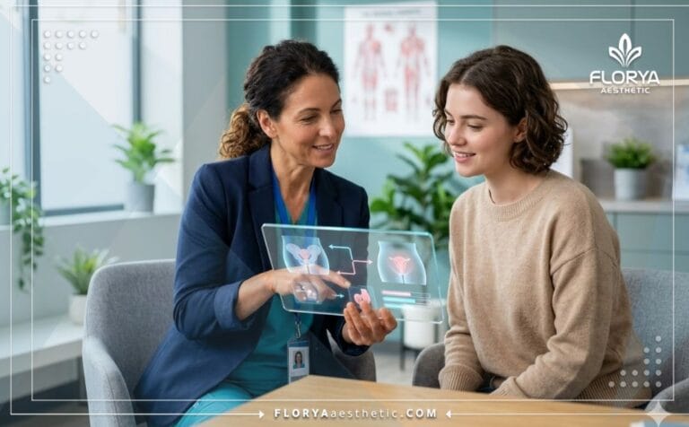 Un médecin expert présente le plan d'Hyménoplastie au laser en Turquie sur une tablette futuriste