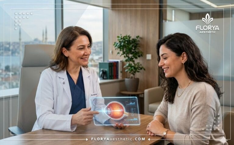 Professional doctor demonstrating a digital plan for Laser Hyperopia Surgery in Turkey on a transparent tablet.