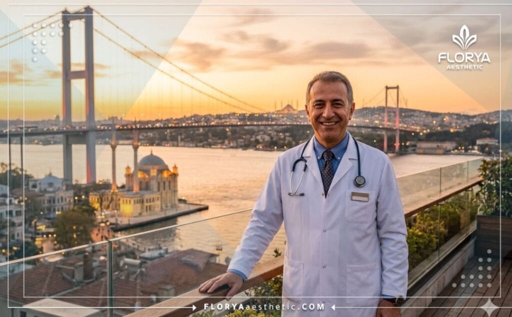 Welcoming aesthetic doctor smiling warmly with the iconic Istanbul Bosphorus Bridge in the background.