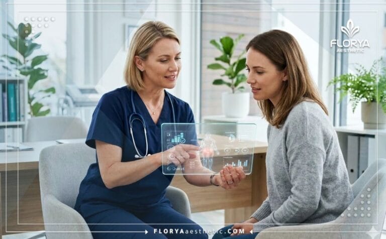 Professional doctor explaining the Laser Intimate Lightening digital treatment plan on a transparent tablet.