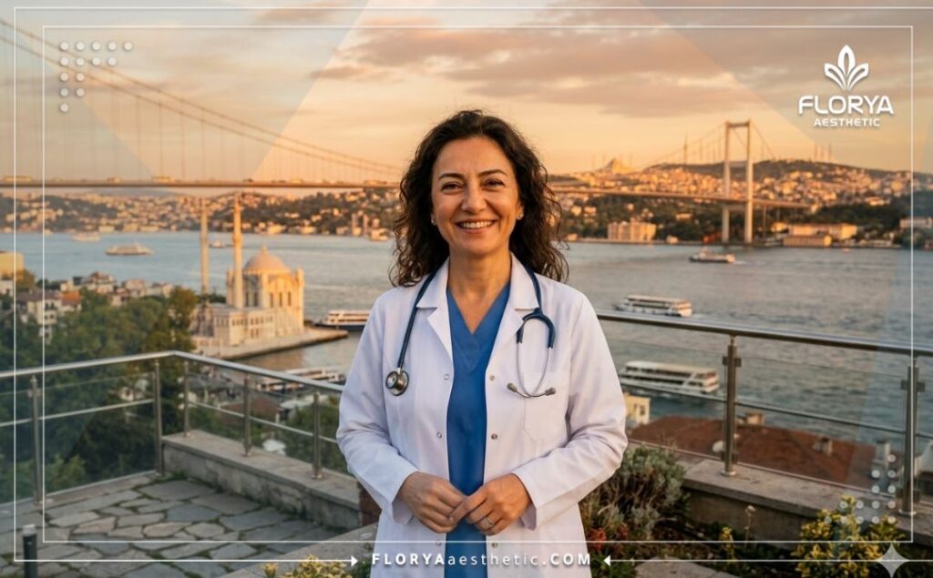 طبيب يرحب بالمريضات في اسطنبول مع خلفية لجسر البوسفور