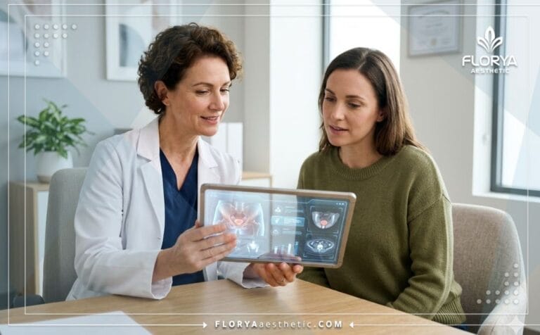 Doctor explicando el plan de Estrechamiento Vaginal Láser con una tableta.