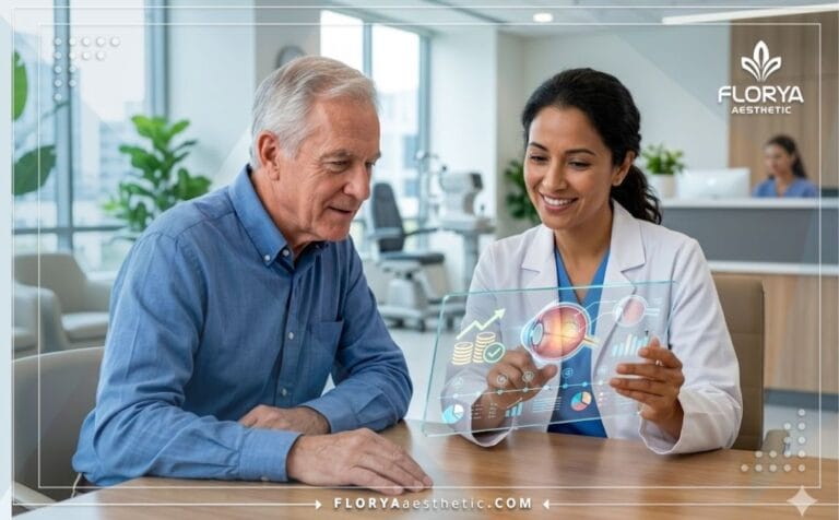 Chirurgien expliquant le Coût Implant Intraoculaire à l'aide d'un écran numérique transparent