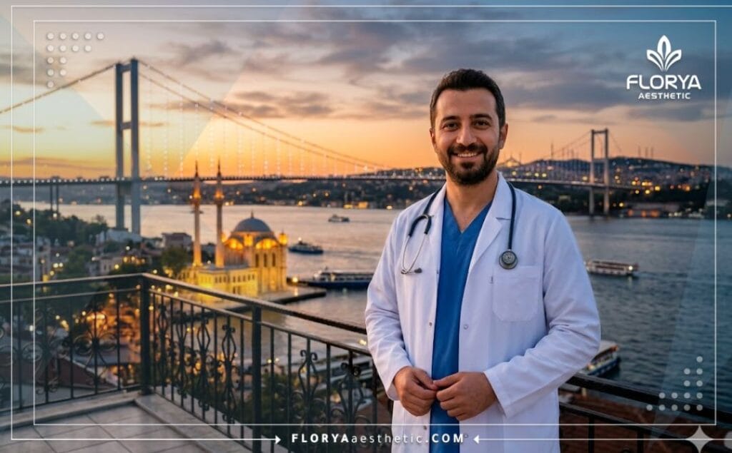 طبيب عيون يرحب بالمرضى في اسطنبول مع برج غلطة في الخلفية.