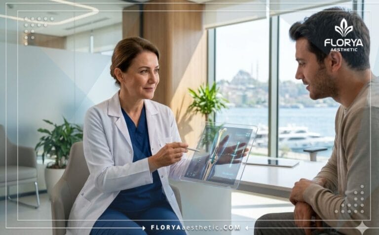 Un médecin présente le plan de Chirurgie d'allongement des membres en Turquie sur tablette.
