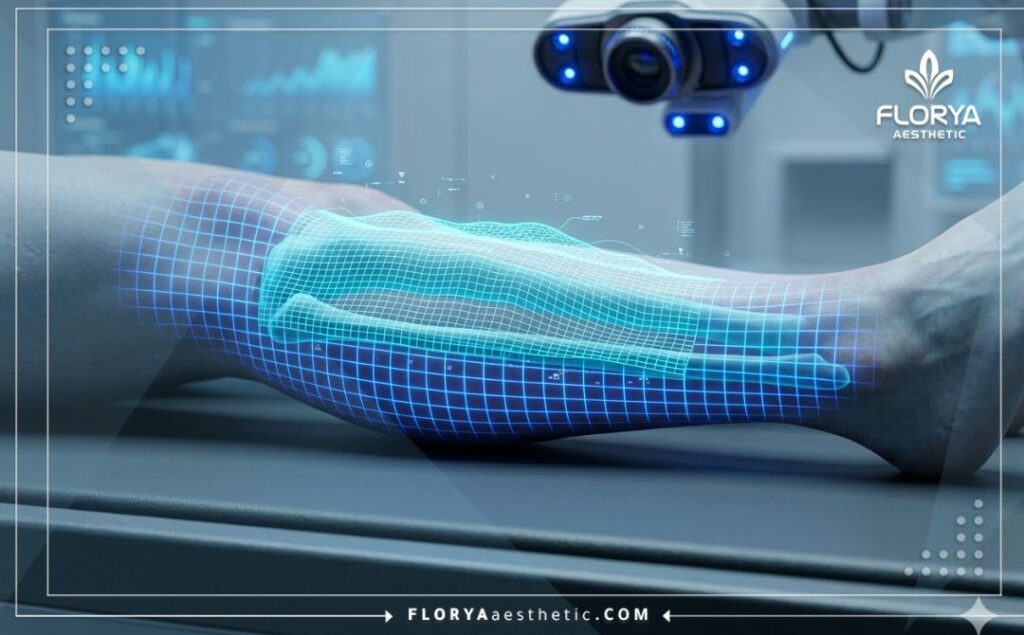 High-tech 3D topographical scan highlighting precision in leg bone alignment and planning.