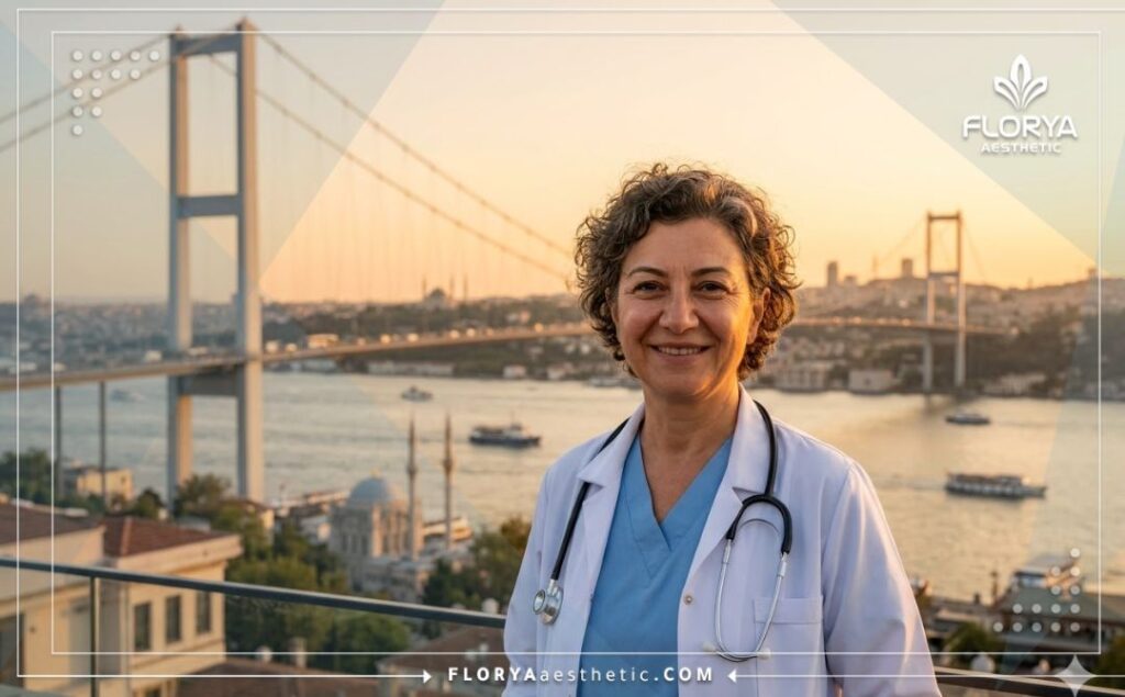Welcoming orthopedic doctor smiling in front of the Bosphorus Bridge in Istanbul.