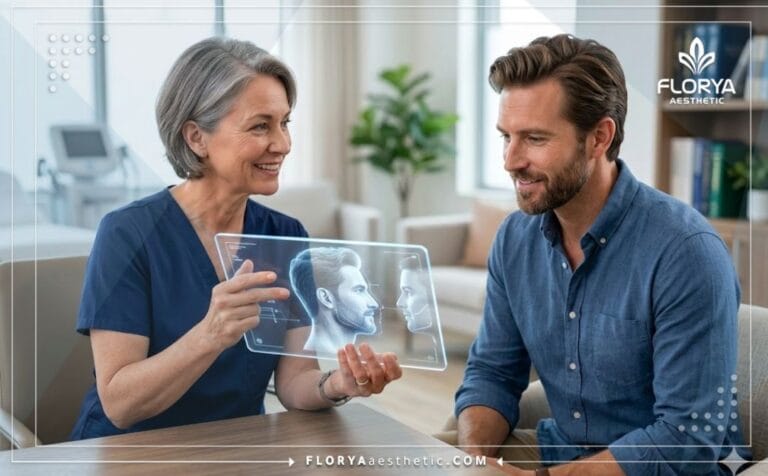 Professional surgeon showing a digital Male Plastic Surgery plan to a patient on a transparent tablet.