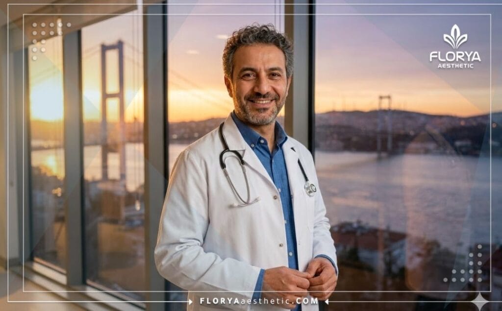 Cirujano sonriendo con el puente del Bósforo de Estambul de fondo