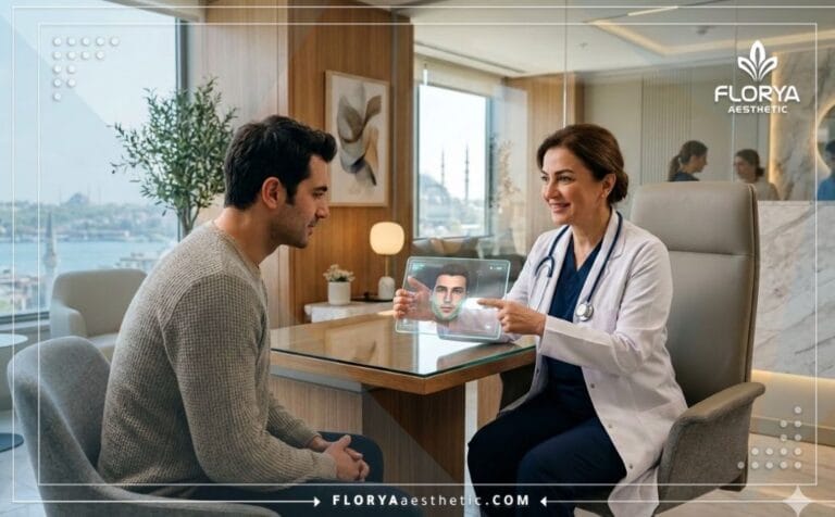 Doctor showing a digital treatment plan at a Male Plastic Surgery Clinic in Turkey