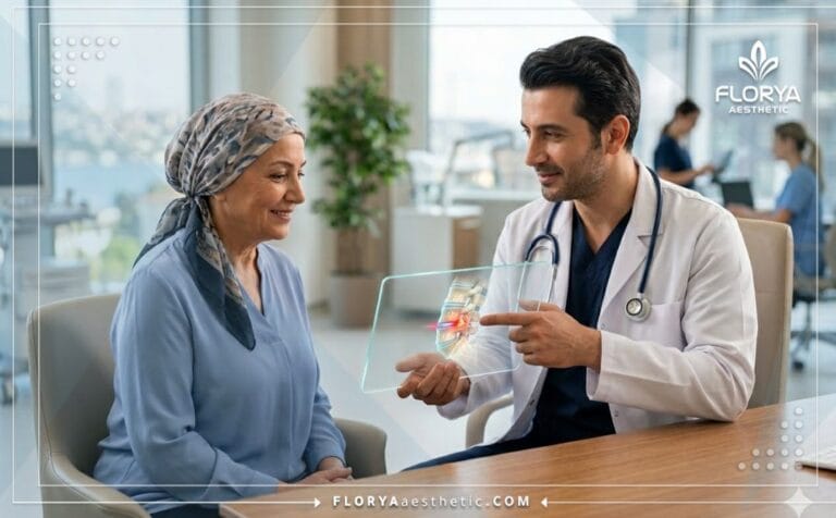 Professional surgeon explaining a Microdiscectomy in Turkey procedure using a modern transparent tablet.
