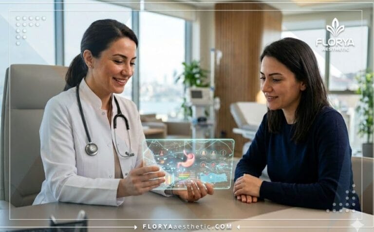 Professional doctor discussing Mini Gastric Bypass Risks in Turkey with digital planning tools.