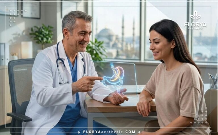 Médico profesional explicando el Mini Bypass Gástrico en Turquía usando tecnología digital avanzada