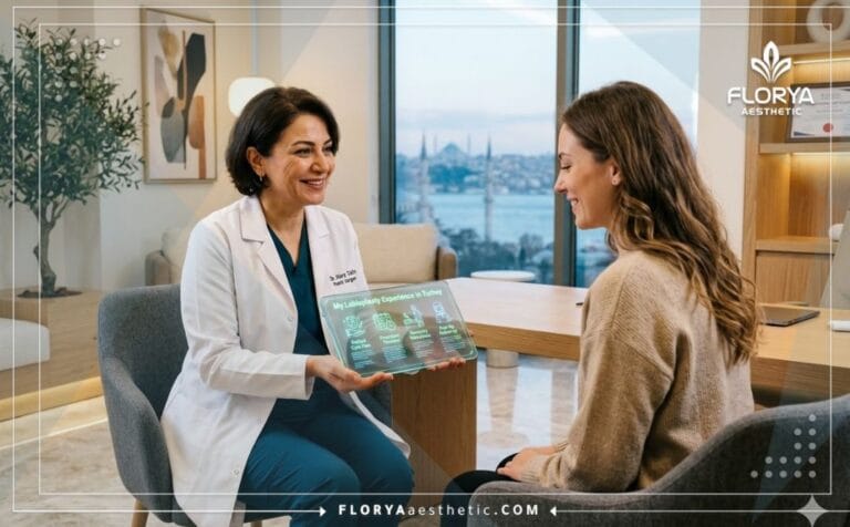 Doctor discussing My Labiaplasty Experience in Turkey with a patient using a futuristic tablet