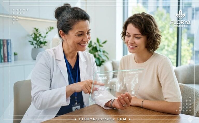 Médecin expert présentant le plan de Nymphoplastie sans chirurgie sur une tablette numérique