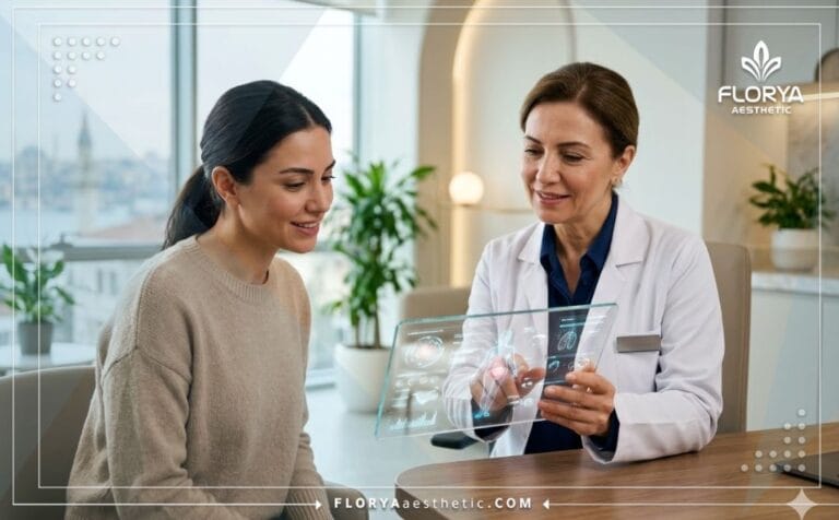 طبيب خبير يشرح خطة علاج حقن أو شوت (O-Shot) في تركيا للمريضة باستخدام تقنيات رقمية حديثة.