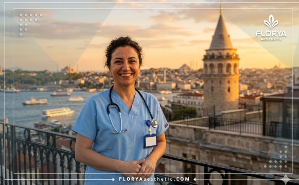 Médecin accueillant avec le pont du Bosphore à Istanbul en arrière-plan lors de l'heure dorée.