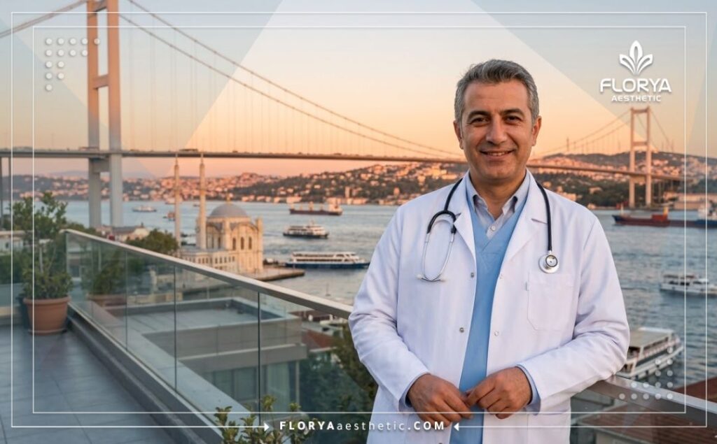 Ophtalmologue accueillant souriant à Istanbul avec le pont du Bosphore en arrière-plan