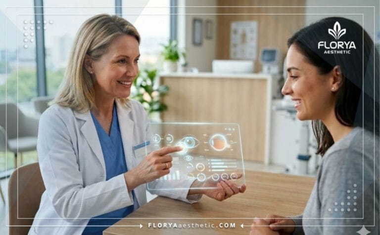 Médecin expert expliquant le Coût de la chirurgie PRK avec une tablette transparente