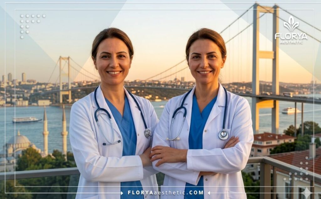 طبيب مبتسم يرحب بالمرضى في عيادة إسطنبول مع جسر البوسفور في الخلفية