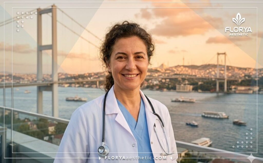 Médico amigable dando la bienvenida a los pacientes en Estambul durante el atardecer.