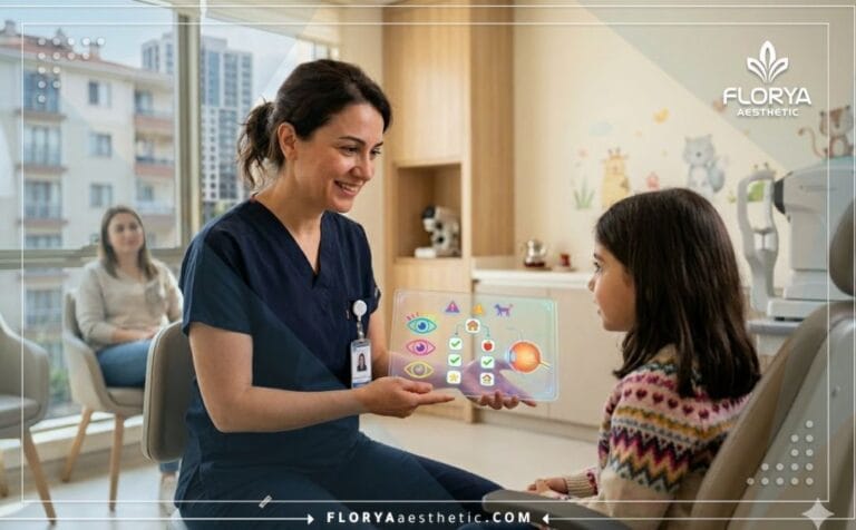 Doctor profesional planificando un Examen de la vista para niños en Turquía con tecnología