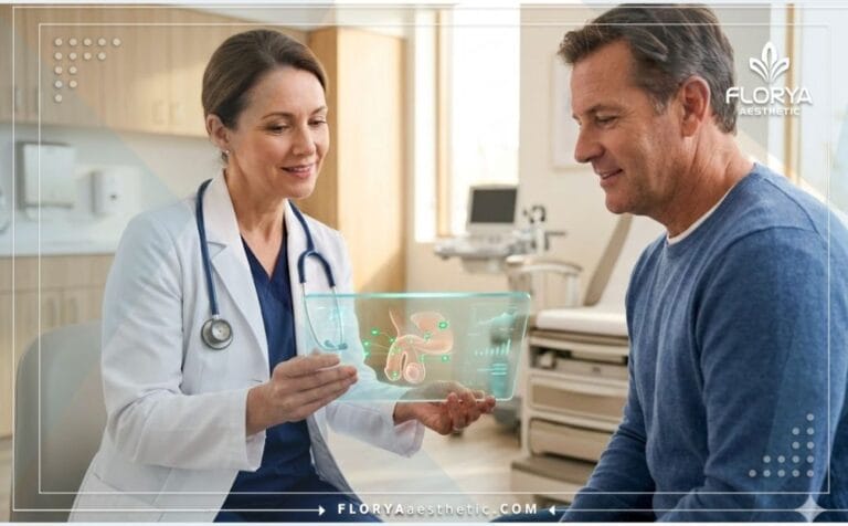 Doctor profesional utilizando tecnología avanzada para explicar la Inyección de relleno de pene.