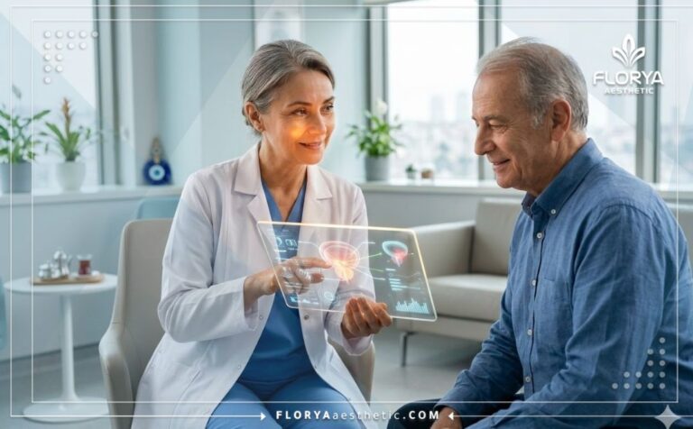 Doctor explaining Laser Prostate Surgery in Turkey using a high-tech digital tablet.