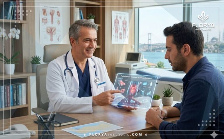 Professional doctor explaining Penile Fracture Treatment in Turkey via digital tablet.