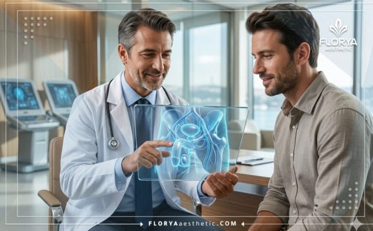 Médecin utilisant une tablette numérique pour expliquer Cliniques d'implants péniens en Turquie.
