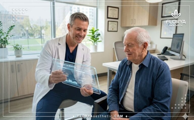 Docteur expliquant le Coût de l'implant pénien pour les seniors avec un outil technologique avancé
