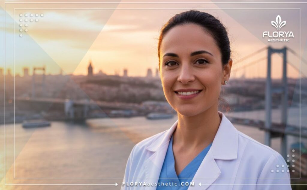 Friendly medical specialist smiling warmly in front of the Bosphorus Bridge in Istanbul.
