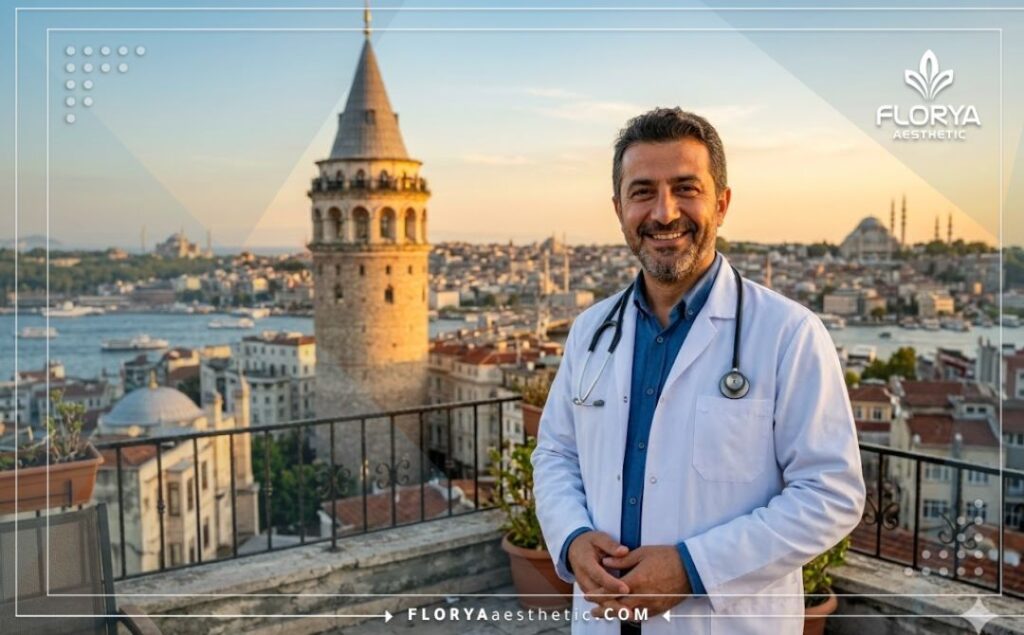 Urólogo sonriente invitando a pacientes a Estambul durante el atardecer