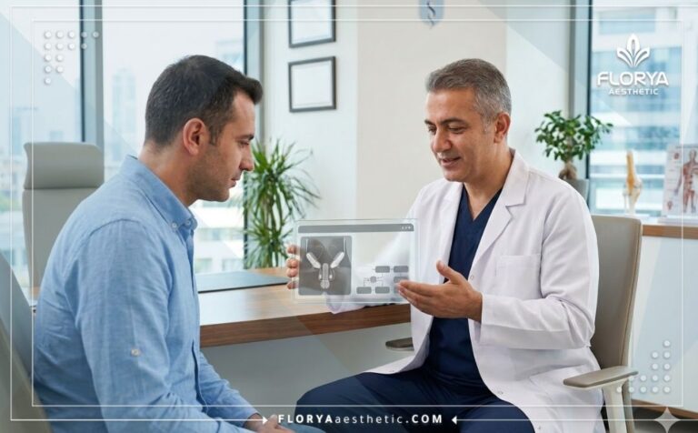 Board-certified doctor showing a digital plan for Penile Lengthening Surgery in Turkey on a futuristic tablet.
