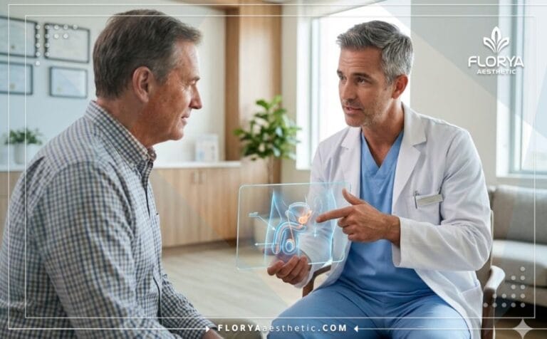 Médecin professionnel expliquant le plan d'un Implant Pénien à l'aide d'une technologie numérique avancée.