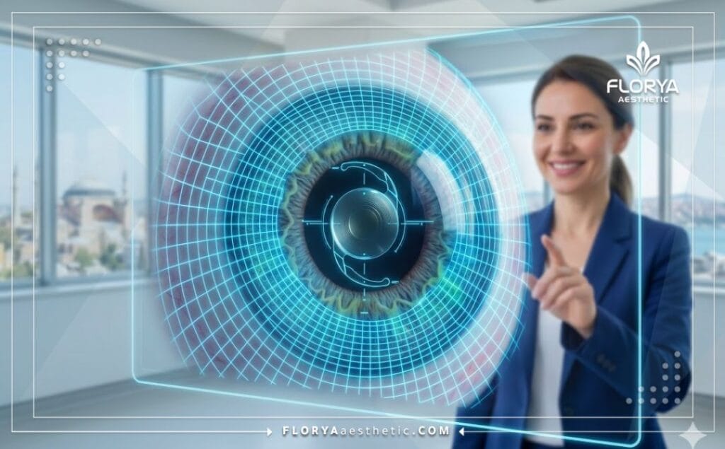 مسح رقمي ثلاثي الأبعاد يوضح تفاصيل تشريح العين وموضع العدسات.
