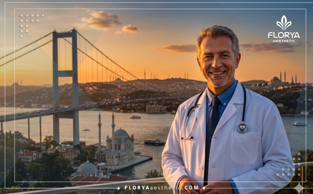 Приветливый офтальмолог на фоне моста через Босфор в Стамбуле.