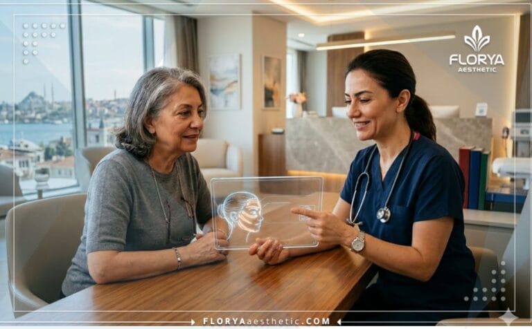 Professional aesthetic doctor explaining Plasma Skin Tightening Risks in Turkey to a patient using advanced digital tech