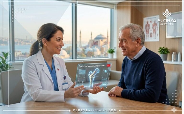 Medical professional explaining Plates and Screws Fixation in Turkey using advanced digital tablet tech