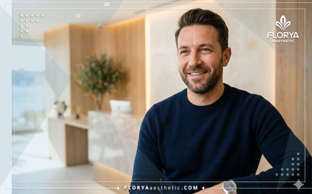 Hombre seguro y feliz demostrando el resultado perfecto y exitoso