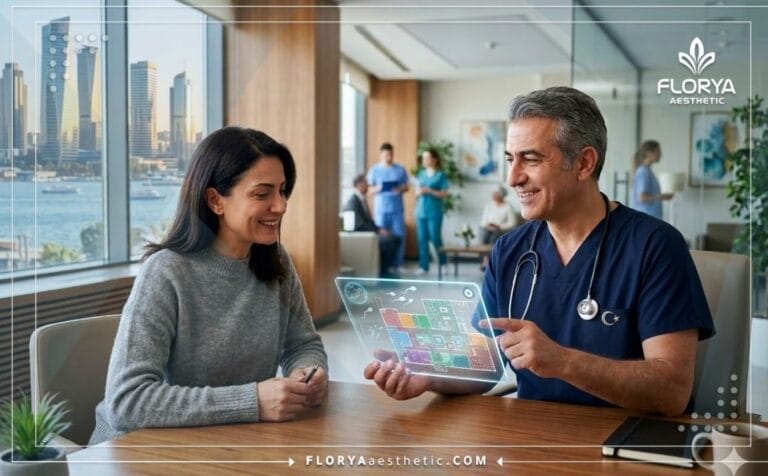 Profesor de Andrología e Infertilidad en Turquía explicando un plan digital en una clínica moderna.