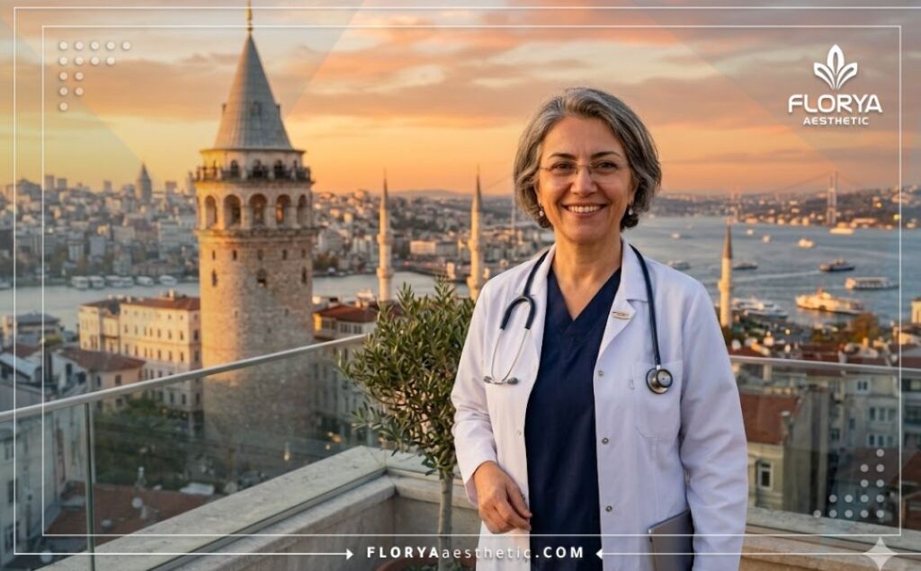 طبيب ودود يرحب بالمرضى في اسطنبول أمام معلم سياحي شهير