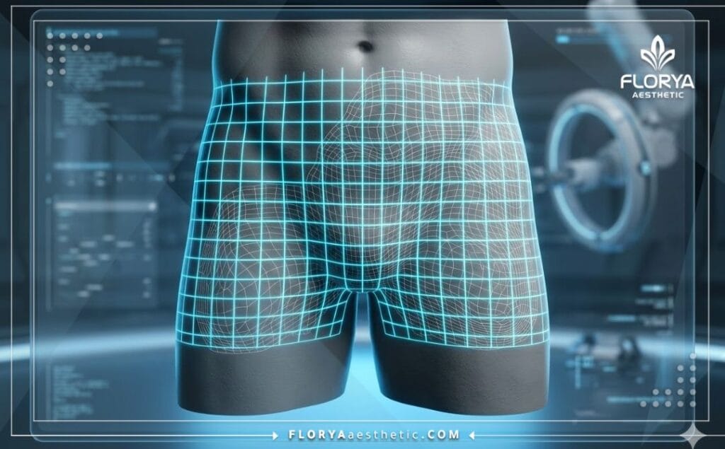 Scan 3D de la zone pelvienne illustrant la précision médicale et technologique.