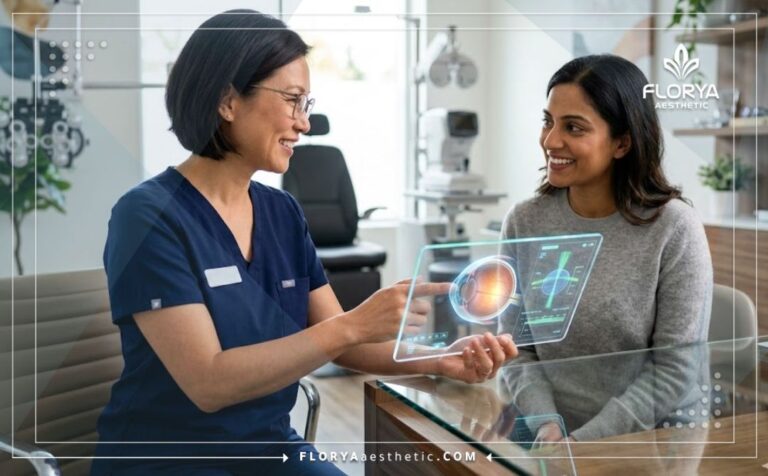 Eye specialist detailing the Refractive Lens Exchange Cost in Turkey on a digital tablet