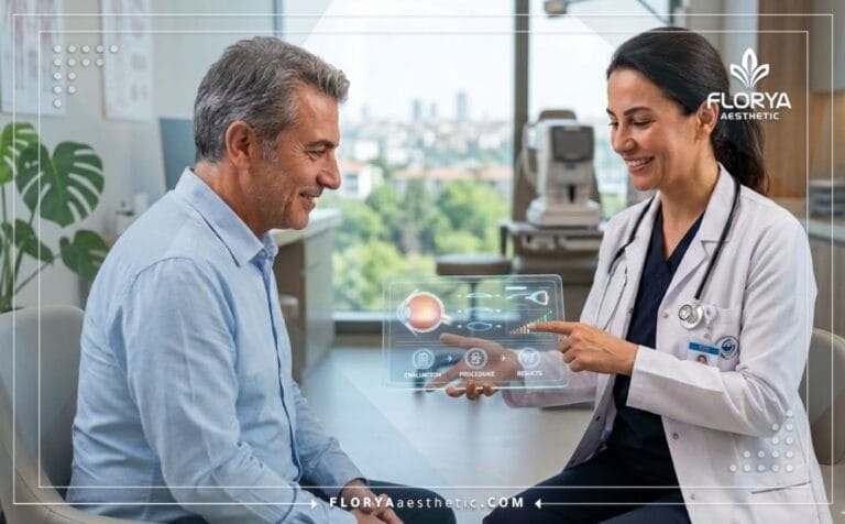 Doctor profesional explicando el Intercambio de lente refractiva en Turquía con tecnología digital avanzada