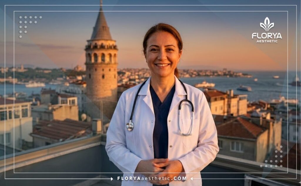 طبيب عيون يبتسم بحفاوة مع خلفية جسر البوسفور في اسطنبول