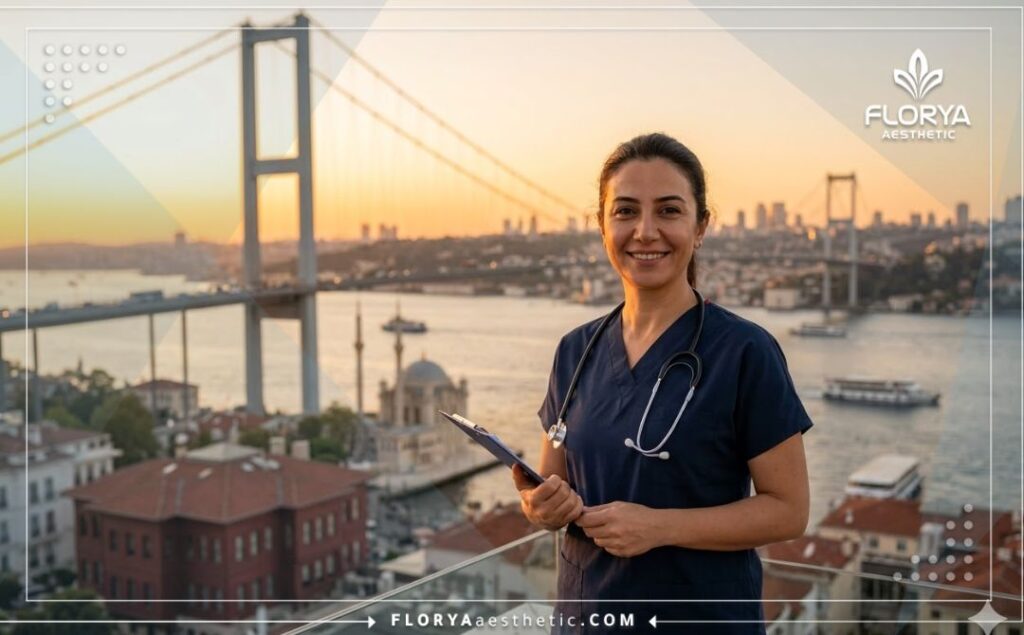 Приветливый доктор улыбается на фоне знаменитого Босфорского моста в Стамбуле.