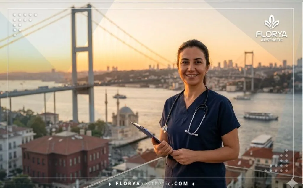 Cirujano amable dando la bienvenida al paciente con el Puente del Bósforo de Estambul en el fondo.