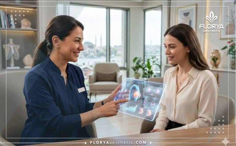 Professional doctor using a transparent tablet to explain the Risks of Breast Lift with Augmentation in Turkey to a patient.